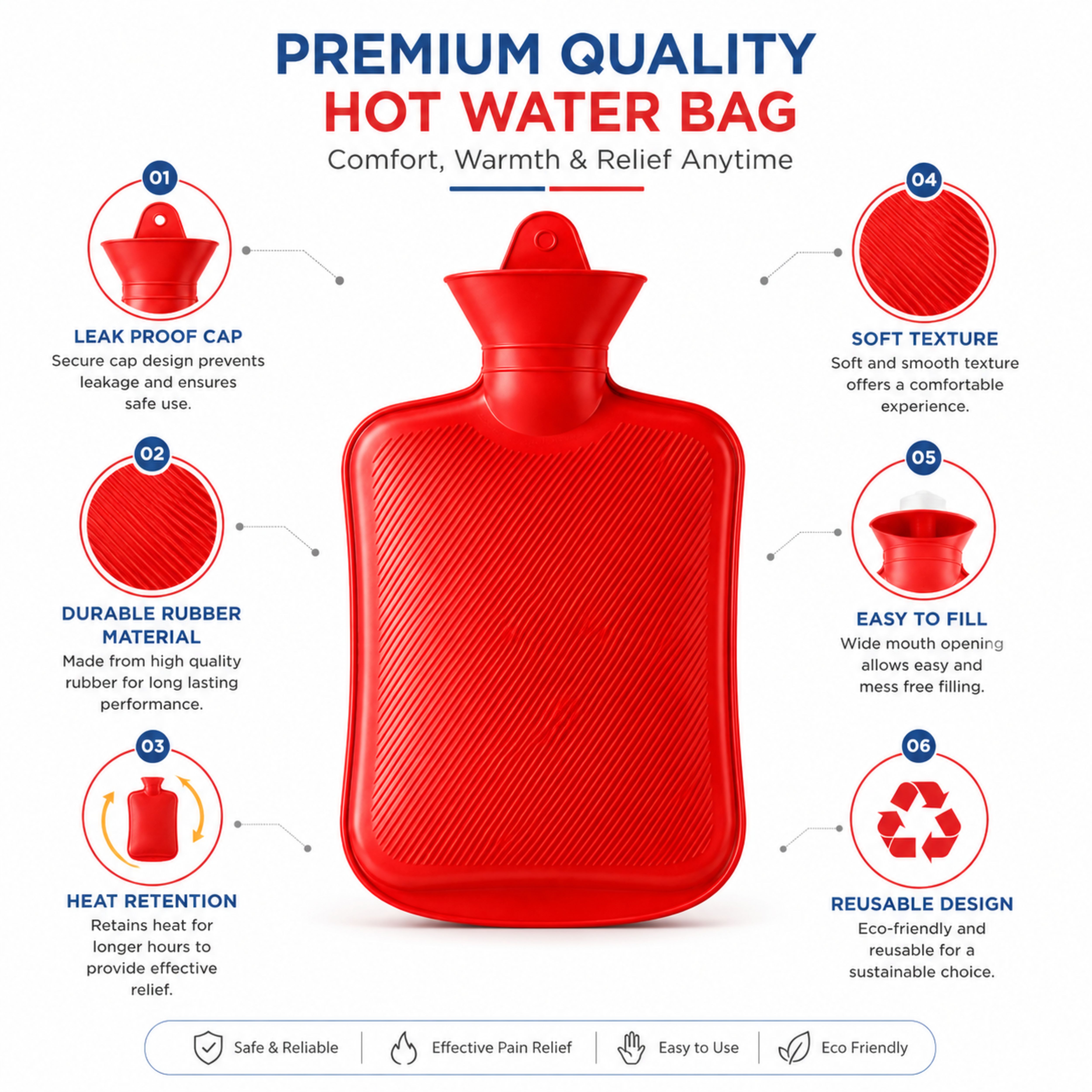 Rubber Hot Water Bag| 2000 ML| Red
